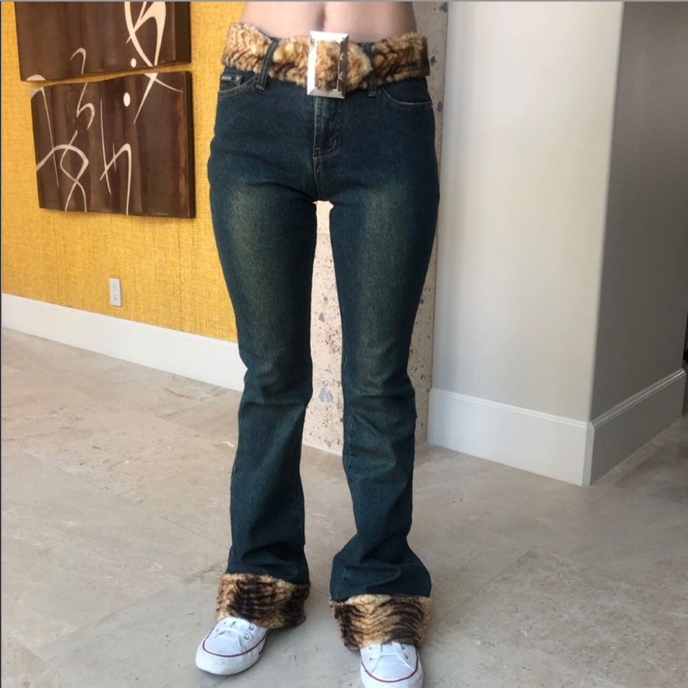Beautiful faux fur belt jeans with fur cuffs